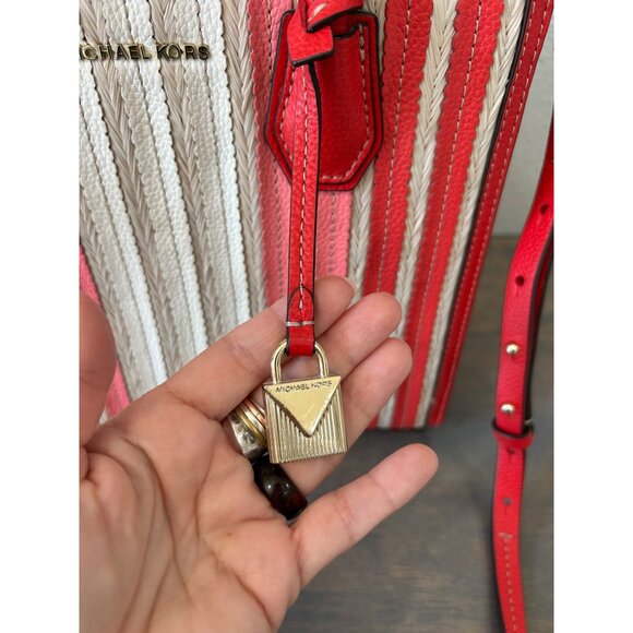 Michael Kors Mercer Red Coral Tan Leather Straw Purse Hand Bag Accordion - Picture 14 of 14